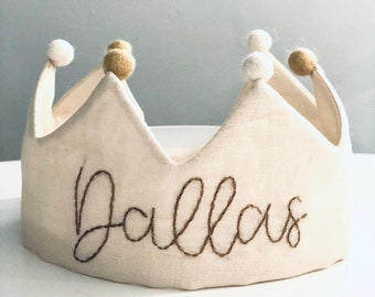 Neutral Linen Birthday Crown, personalised with name, with felt Pom poms.