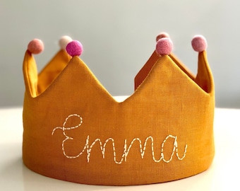 Saffron Linen Birthday Crown, personalised with name, with felt Pom poms. Yellow, gold.