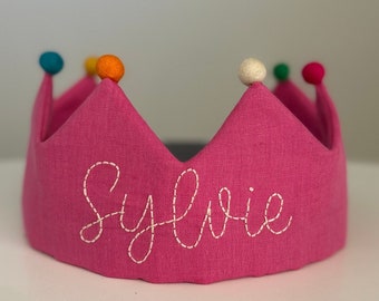 Bright Pink Linen Birthday Crown, personalised with name, with felt Pom poms.