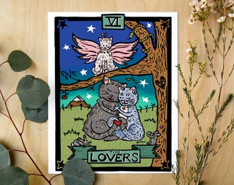 The Lovers Tarot Card Art Print – Witchy Wall Art, Tarot Poster, Cat Lover Gift, Mystical Home Decor, Linocut Style Print