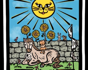 Autocollant en vinyle découpé avec carte de tarot The Sun Cat