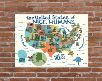 United States Map with Nice Humans Poster, Classroom Poster, Nursery Decor