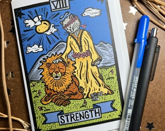 Strength Tarot Card Greeting Card – Blank Inside, Witchy Birthday Card, Tarot Lover Gift, Cat Art Card