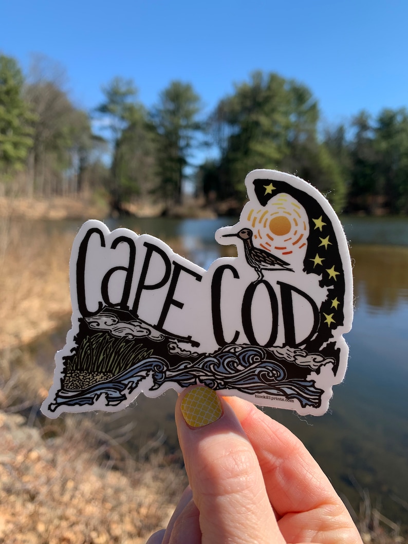 Op de afbeelding: Een witte sticker met een zwarte omtrek van de staat Massachusetts, met de woorden "Cape Cod" in zwarte cursieve letters. De sticker heeft een gestileerde illustratie van een vogel, golven en een zon met sterren. De sticker wordt in een hand gehouden tegen een wazige achtergrond van bomen en water.