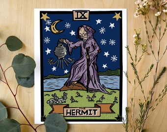 The Hermit Tarot Art Print – Witchy Wall Art, Tarot Poster, Mystical Home Decor, Linocut Style Print, Cat Lover Art