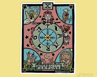 Tarot Card Sticker – Wheel of Fortune Die Cut Sticker, Witchy Gift, Tarot Lover Gift, Whimsical Art Sticker