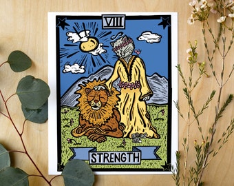 Strength Tarot Art Print – Witchy Wall Art, Tarot Poster, Mystical Home Decor, Lion Art Print, Linocut Style Art