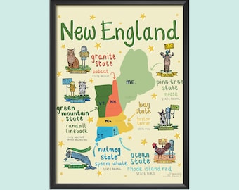 May include: A colorful illustrated map of New England with each state highlighted and labeled. The map includes the state animal and bird for each state. The states are Connecticut, Maine, Massachusetts, New Hampshire, Rhode Island, and Vermont.