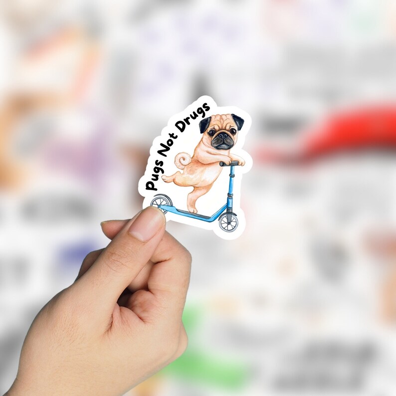 May include: A sticker featuring a cartoon pug riding a blue scooter. The text "Pugs Not Drugs" is written in black above the pug.