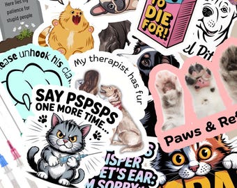 May include: A collection of colorful, humorous stickers featuring various animals and phrases. Includes a cat with a syringe, a dog with a therapist, and a cat saying "Feed Me!" The stickers have a cartoon style.