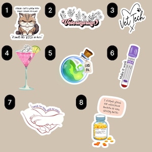 May include: A set of ten stickers featuring various designs related to pets and veterinary care. The stickers include a cat, a martini glass, a bottle of CBD oil, a blood test tube, a hand holding a paw, a bottle of pills, and a veterinarian logo. The stickers are all white with black outlines and feature various colors and designs.