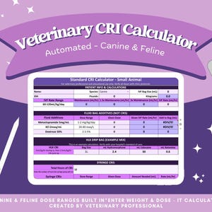 May include: A veterinary CRI calculator for canine and feline use. The purple graphic includes a tablet displaying a calculator with fields for patient information and fluid additives. A white stylus and keyboard are also visible.