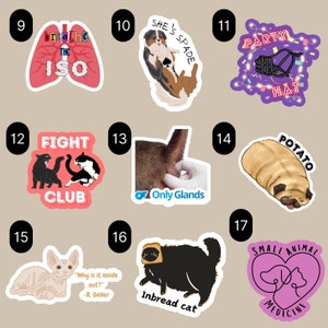 May include: A set of 10 colorful stickers featuring various designs, including a dog wearing a party hat, a pug, a cat with a slice of bread on its head, and a cat with a fight club logo. The stickers are perfect for adding a touch of humor and personality to laptops, water bottles, and other surfaces.
