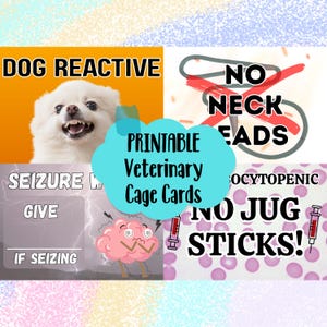 May include: Printable veterinary cage cards with various medical instructions. The cards include "Dog Reactive," "No Neck Leads," "Seizure," and "No Jug Sticks!" A white dog is featured on one card. The background has pastel colors.