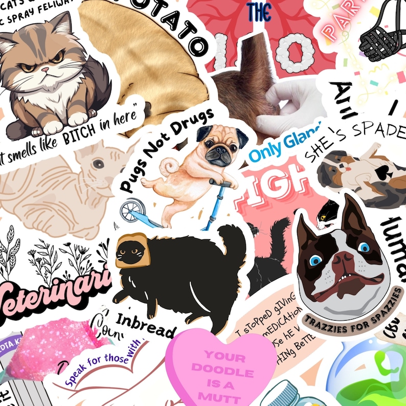 May include: A collection of colorful stickers featuring various animals, including cats, dogs, and pugs. The stickers have humorous text, such as "Pugs Not Drugs" and "It smells like BITCH in here."