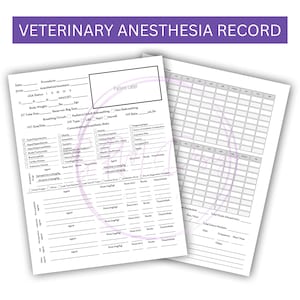 May include: Two white veterinary anesthesia record sheets with a purple header that reads "VETERINARY ANESTHESIA RECORD". The forms include sections for patient information, vital signs, and medication administration. One sheet has a grid for recording data over time.