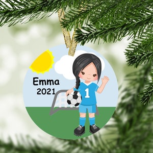 Girl Soccer Player Personalized Christmas Ornament, Blue Uniform, Football Player, Soccer Team, Girls Soccer