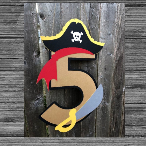 Pirate Party Sign - Pirate Theme Birthday Party Door Hanger - Child Age Photo Prop