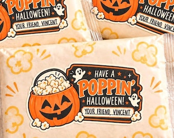 Personalized Halloween Popcorn Stickers, Poppin’ Halloween Classroom Treat Labels, Microwave Popcorn Party Favors for Kids