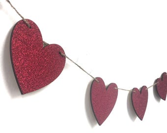 Heart Garland - Rustic Valentines Day Banner - Glitter Wood Hearts, Home Decor Accent