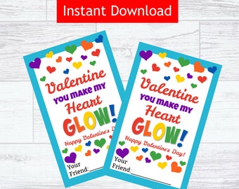 Printable Valentine - You Make My Heart Glow Tags, Glow Stick, Glow Bracelet, Candy Alternative, Class Gift, Kids Valentine
