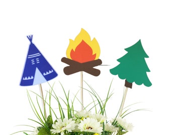 Camping Birthday Party Table Decorations,  Centerpiece picks, Wilderness Theme, Camping Party, Woodland Theme