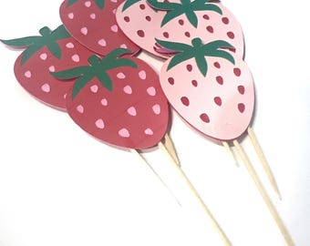 Strawberry Cupcake Toppers, Berry First Birthday Party, Summer strawberry, Food Picks