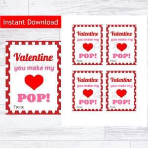 Instant Download Valentines Day You Make My Heart Pop  - Printable Lollipop Popcorn Label - Kids Class Gift