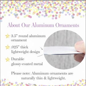 The image is a collage of several images, including a close-up of an aluminum ornament, a hand holding the ornament, and a description of the ornament's features.