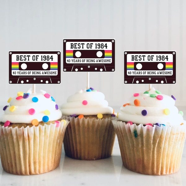 40th Birthday Party Cupcake Toppers - Best of 1984 Birthday, Vintage 40th Birthday  Cassette Tape, 80's Party