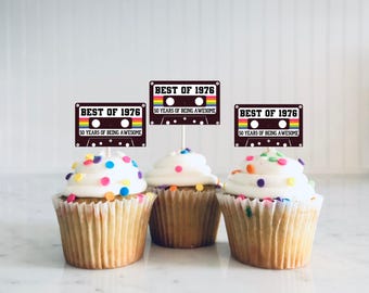 Best of 1976 50th Birthday Party Cupcake Toppers - Vintage Cassette Tape, 70's Party