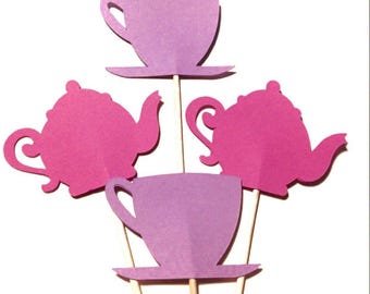 Tea Party Cupcake Toppers - Teacup cupcakes,  Wonderland Theme, Birthday party, Garden Party Bridal Shower, Baby Shower, Teapot Cupcakes