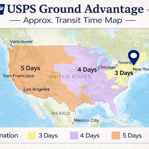 The image is a map of the United States, showing the approximate transit time for different ground delivery routes. It includes the cities of Vancouver, Toronto, New York, and Los Angeles, along with the cities of San Francisco, Chicago, and Mexico City. The map provides the number of days for each route, ranging from 3 days to 5 days.