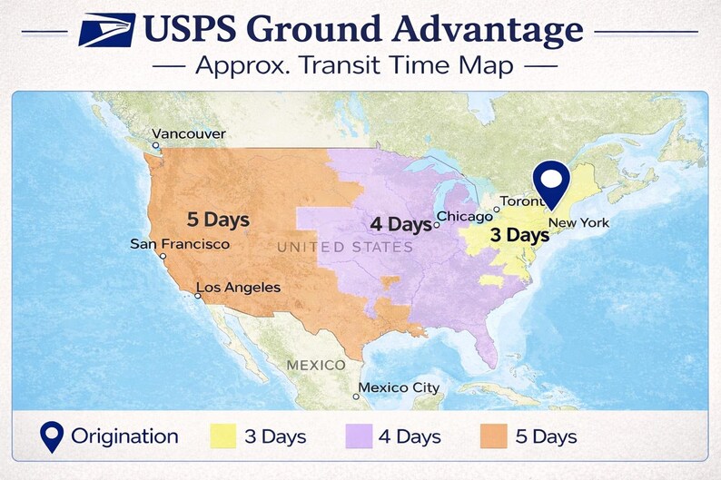 The image is a map of the United States, showing the approximate transit time for different ground delivery routes. It includes the cities of Vancouver, Toronto, New York, and Los Angeles, along with the cities of San Francisco, Chicago, and Mexico City. The map provides the number of days for each route, ranging from 3 days to 5 days.