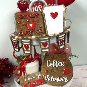 Coffee Tiered Tray Decor: Valentine's Day Theme - Wooden Signs, Handcrafted Style, Cozy Kitchen Accent