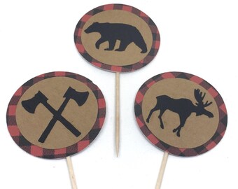 Lumberjack Birthday Party Cupcake Toppers, Wilderness Party, food Picks, Buffalo Plaid, Party Decorations, Woodland Party