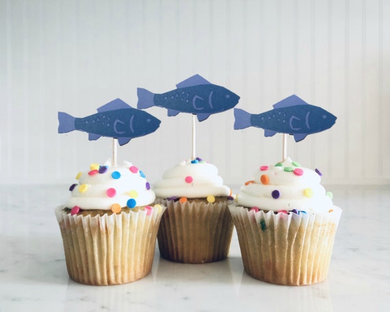12 Fish Cupcake Toppers Fishing Theme Birthday Party Food Etsy
