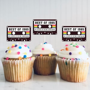 40th Birthday Party Cupcake Toppers - Best of 1985 Birthday, Vintage 40th Birthday  Cassette Tape, 80&#39;s Party