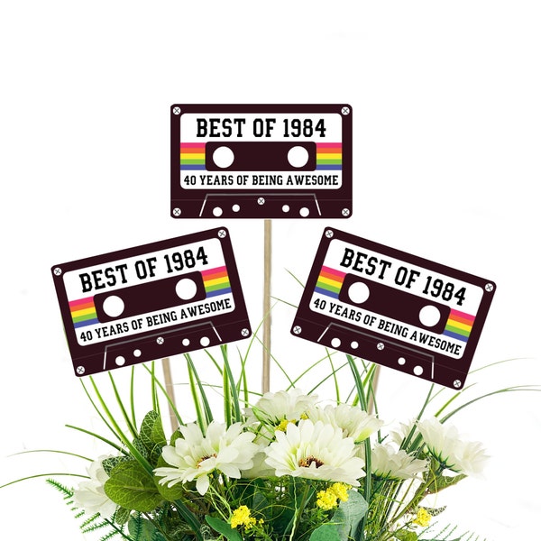 40th Birthday Party Centerpiece Picks - Best of 1984 Birthday, Vintage 40th Birthday Cassette Tape, 80's Party