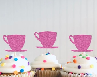 Tea Cup Glitter Cupcake Toppers, Tea Party Decorations, Wonderland Cupcake Toppers, Garden Party, Birthday Party, Gender Reveal