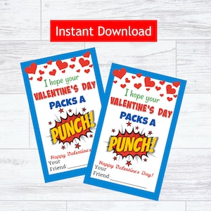 Ik hoop dat je Valentijnsdag een succes wordt: afdrukbare tag, superheld, punchballon, direct downloaden, Valentijn voor kinderen