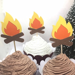 Campfire Cupcake Toppers - Camping Theme, Birthday Party, Smores Party, food Picks, Camp Party, Party Decorations, Camping Birthday
