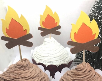 Campfire Cupcake Toppers - Camping Theme, Birthday Party, Smores Party, food Picks, Camp Party, Party Decorations, Camping Birthday