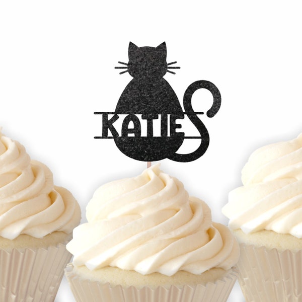 Custom Cat Cupcake Toppers - Cat Birthday Party Cupcake, Cat Party, Kitten Birthday, Black Kat, Name Toppers
