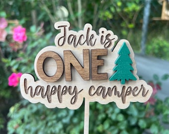 Personalized One Happy Camper Cake Topper - Wood 1st Birthday Cake topper, Camping Birthday Party, Woodland cake topper,