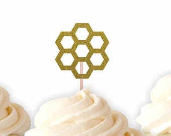 Honeycomb Cupcake Toppers, Bee Toppers, Spring Party Decor, Bumble Bee Themed Party Decor, Bee Birthday, Honeycomb Food Picks