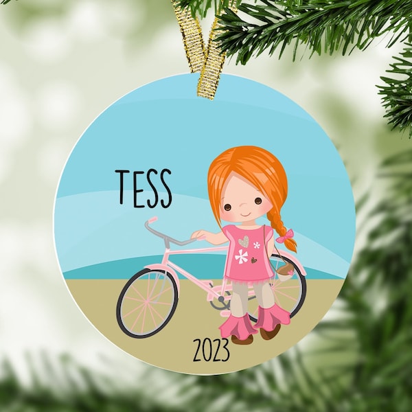 Girl with Bicycle Personalized Christmas Ornament, 1st Bike Ornament, New Bicycle, Bike Rider Gift, Bike Riding