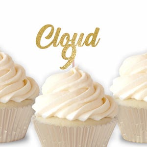 Cloud 9 Cupcake Toppers - 9th Birthday Party Decorations, Glitter topper, Ninth Birthday, Dessert Table,