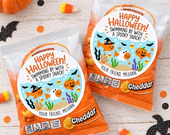 Personalized Halloween Goldfish Snack Stickers, Classroom Treat Labels