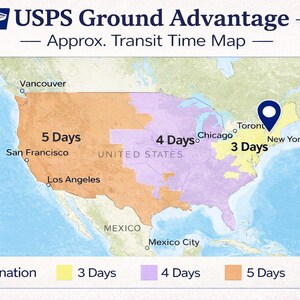 The image is a map of the United States, showing the approximate transit time for different ground delivery routes. It includes the cities of Vancouver, Toronto, New York, and Los Angeles, along with the cities of San Francisco, Chicago, and Mexico City. The map provides the number of days for each route, ranging from 3 days to 5 days.